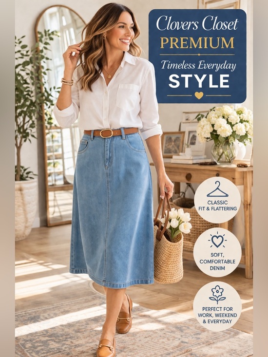 Bradford Fair Dresses & Skirts - Bedford Fair Denim Midi Skirt 14 Petite Blue A-Line Classic Modest